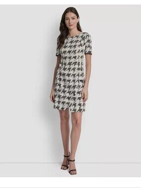 DKNY NWT Plus Size 18W Black White Houndstooth Tweed Shift Dress $149 Cocktail
